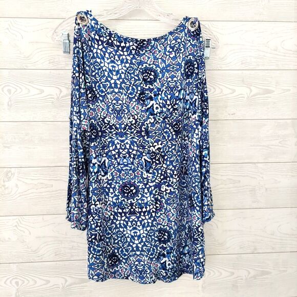 Cable & Gage Blue Top Medium Tunic Slit Sleeves Chrome Grommet Accents - Picture 2 of 10